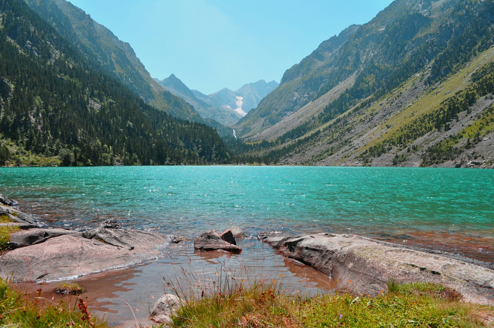 Eaux turquoise d’un lac de montagne entouré de forêts